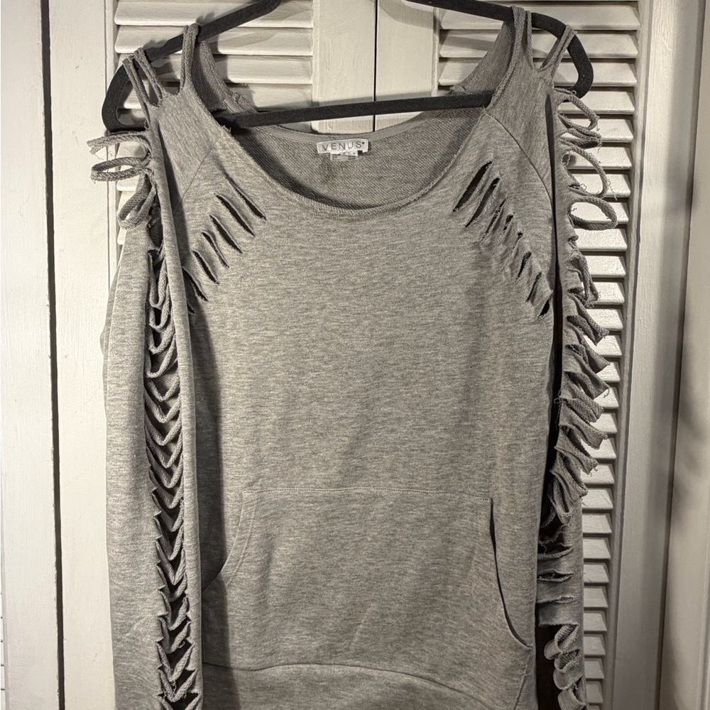 VENUS Gray Cold-Shoulder Hoodie with Braided Sleeve Details